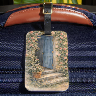 Étiquette À Bagage Scène de chemin fleuri à la porte bleue du jardin 