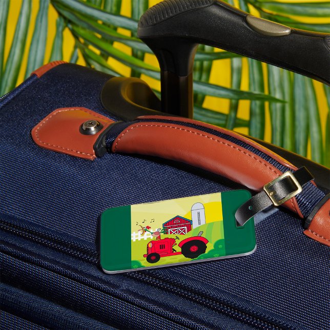 Étiquette À Bagage Scène de ferme avec coq chantant sur tracteur (Créateur téléchargé)