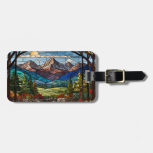 Étiquette À Bagage Scène de montagne boisée vitrail vintage