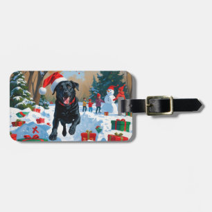 Étiquette À Bagage Scène de neige festive de Noël avec Labrador noir