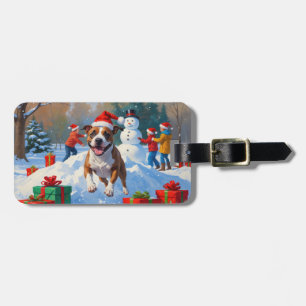 Étiquette À Bagage Scène de neige festive de Noël avec un Bull Terrie