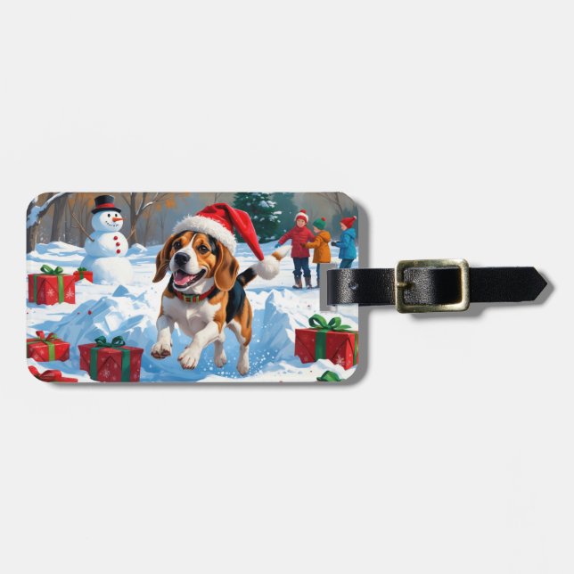 Étiquette À Bagage Scène de neige festive de Noël Beagle (Devant horizontal)