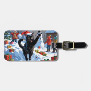 Étiquette À Bagage Scène de neige festive de Noël Black Cat