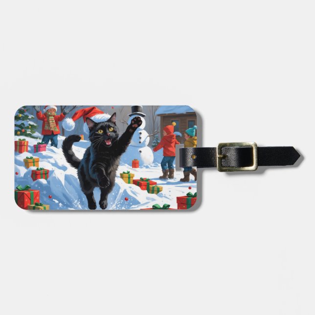 Étiquette À Bagage Scène de neige festive de Noël Black Cat (Devant horizontal)
