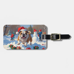 Étiquette À Bagage Scène de neige festive de Noël Bulldog