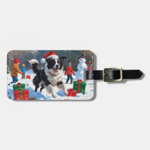 Étiquette À Bagage Scène de Noël festive avec Border Collie dans la n