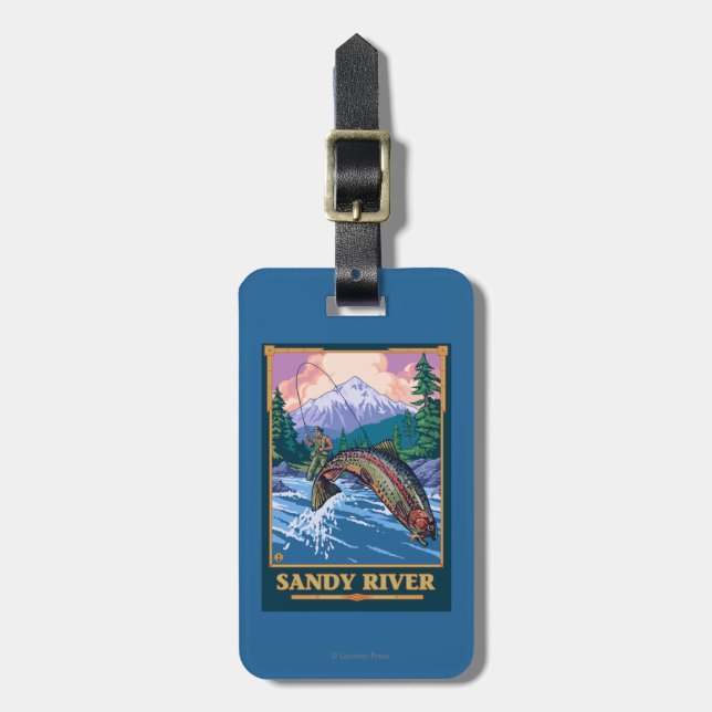 Étiquette À Bagage Scène de pêche de mouche - rivière de Sandy, (Devant Vertical)