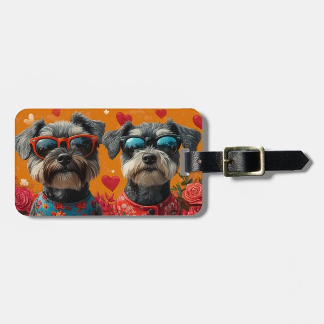 Étiquette À Bagage Schnauzer avec Roses de la Saint-Valentin (Devant horizontal)
