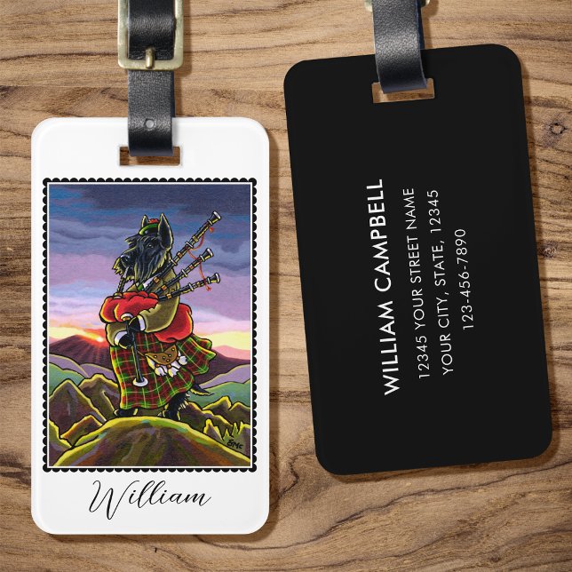 Étiquette À Bagage Scottish Terrier Bagpipes Kilt Chien personnalisé (Créateur téléchargé)
