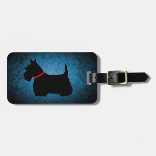 Étiquette À Bagage Scottish Terrier, silhouette noire, bleu granit