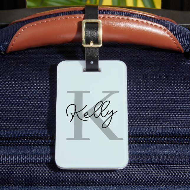 Étiquette À Bagage Script de Monogramme bleu aquatique moderne (Insitu Rectoal 2)