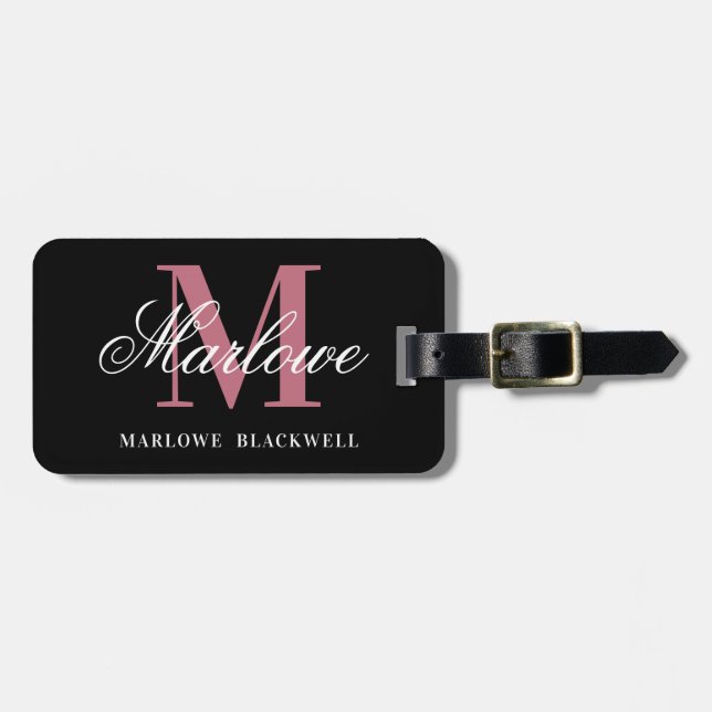 Étiquette À Bagage Script de monogramme rose noir moderne (Devant horizontal)