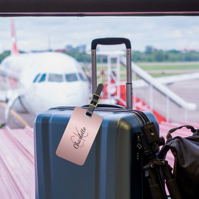 Étiquette À Bagage Script de nom monogramme personnalisé rose vierge (Créateur téléchargé)