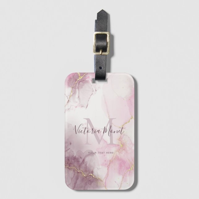 Étiquette À Bagage Script en marbre rose mauve or veine (Devant Vertical)