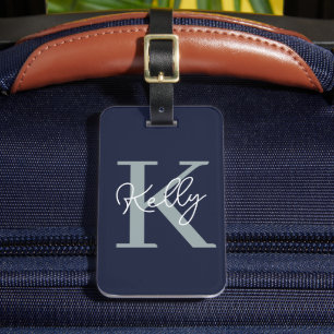 Étiquette À Bagage Script Monogramme bleu marine moderne