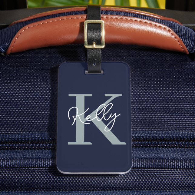 Étiquette À Bagage Script Monogramme bleu marine moderne (Insitu Rectoal 2)
