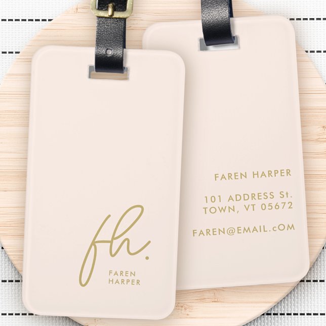 Étiquette À Bagage Script Monogramme Moderne Simple élégant Blush Gol (Créateur téléchargé)