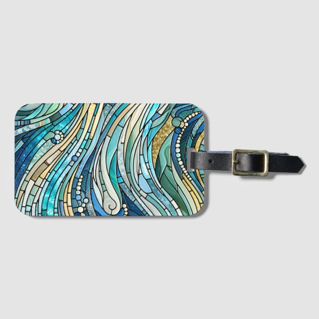 Étiquette À Bagage Sea of Waves Teal Mosaic Fine Art (Devant Horizontal)