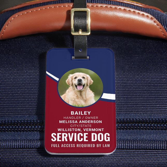 Étiquette À Bagage Service Dog Personnalisé Rouge Bleu Photo ID Badge (Créateur téléchargé)