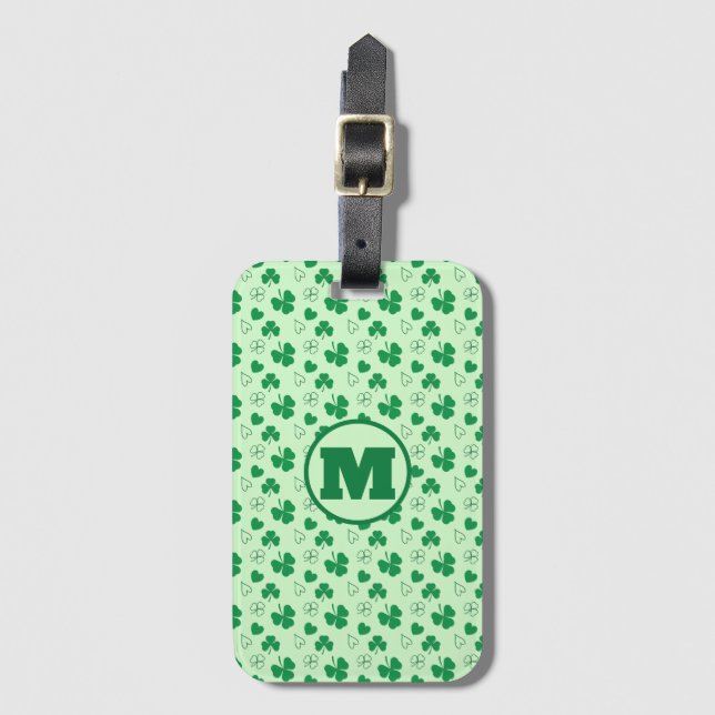 Étiquette À Bagage Shamrock monogramme personnalisé motif vert Lugga (Devant Vertical)