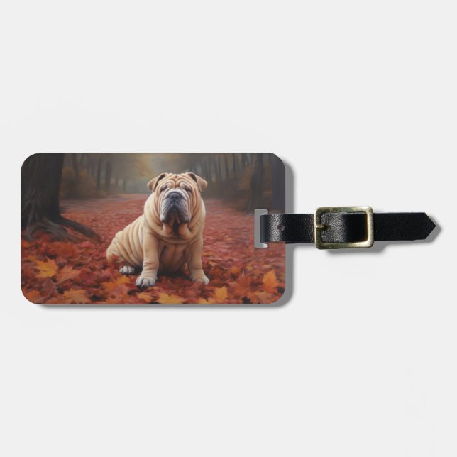Étiquette À Bagage Shar Pei dans l'automne Feuilles automne Inspire (Devant horizontal)