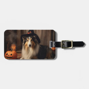 Étiquette À Bagage Shetland Sheepdog Citrouille Halloween effrayant