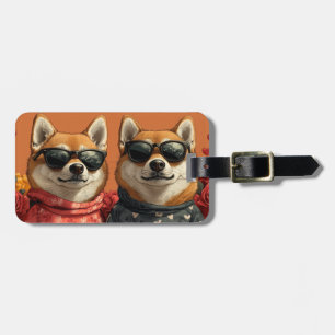 Étiquette À Bagage Shiba Inu avec coeur Roses Saint-Valentin