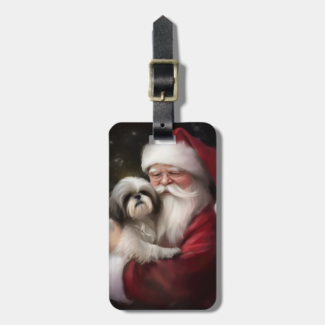 Étiquette À Bagage Shih Tzu Avec Noël Festif Du Père Noël (Devant Vertical)