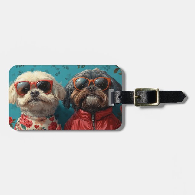 Étiquette À Bagage Shih Tzu avec Roses de Saint-Valentin  (Devant horizontal)