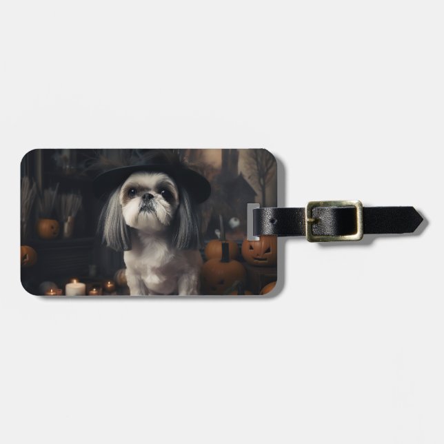 Étiquette À Bagage Shih Tzu Citrouilles Halloween Épouvantable (Devant horizontal)