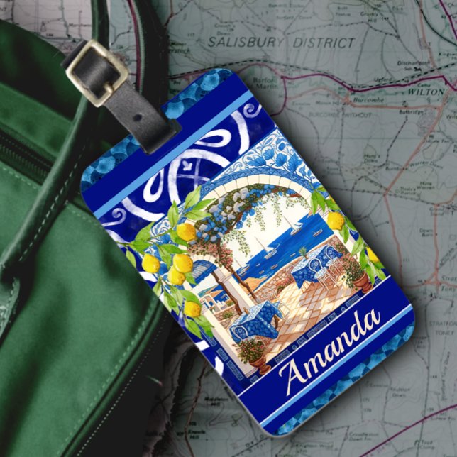 Étiquette À Bagage Sicilienne Méditerranée majolica agrus carreaux bl (Créateur téléchargé)