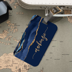 Étiquette À Bagage Signature Personnalisée Bleu Nuit Agate Or