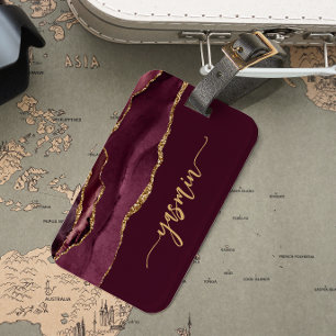 Étiquette À Bagage Signature personnalisée Burgundy Red Gold Agate