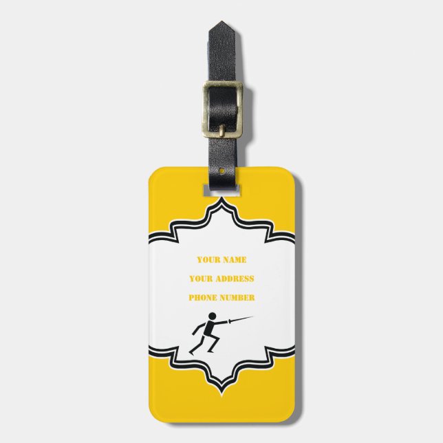 Étiquette À Bagage Silhouette noire Fencer avec clôture d'épée person (Devant Vertical)