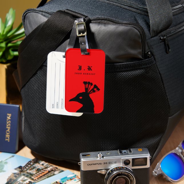 Étiquette À Bagage Silhouette Paon Monogramme Noir Rouge  (Recto & Verso)