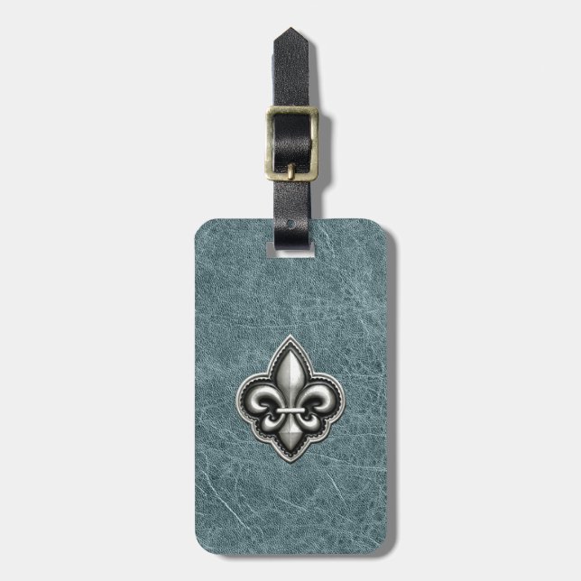 Étiquette À Bagage Silver Fleur de Lis sur simili cuir turquoise (Devant Vertical)