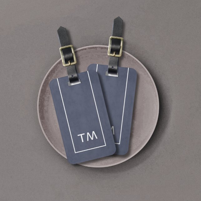 Étiquette À Bagage Simple Bleu Lignes Blancs Gras Monogramme (Créateur téléchargé)