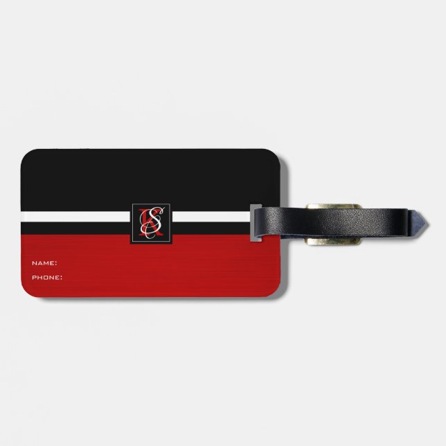 Étiquette À Bagage Simple deux tons Noir et Rouge Initiales Monogramm (Dos horizontal)