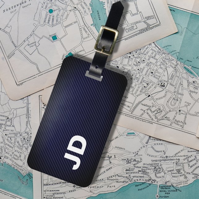Étiquette À Bagage Simple élégant Dakr Lin Bleu Monogramme blanc (Créateur téléchargé)