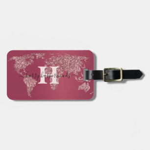 Étiquette À Bagage Simple élégant Maroon rouge Métal monogrammé Nom