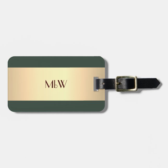 Étiquette À Bagage Simple Elegant Or Metal Nom monogrammé (Devant horizontal)