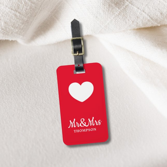 Étiquette À Bagage Simple Elegant Red White Heart Mr&Mrs. (Créateur téléchargé)