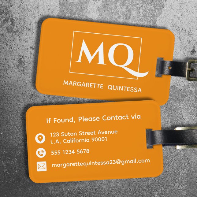 Étiquette À Bagage Simple Elegant Tangerine Orange et Monogramme blan (Créateur téléchargé)