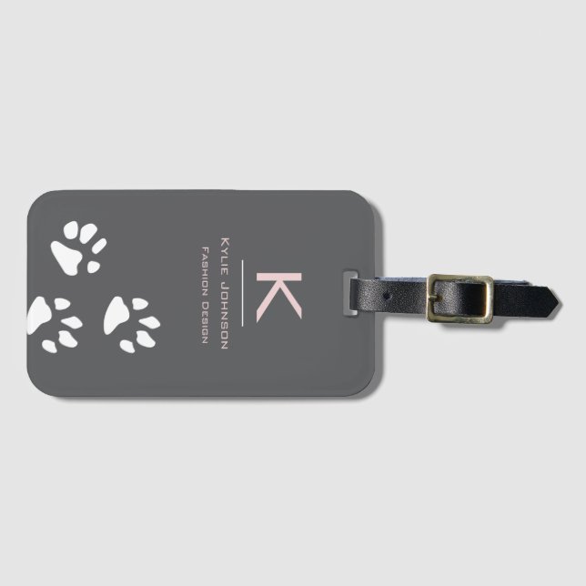Étiquette À Bagage Simple élégante patte de chien mignonne Nom monogr (Devant Horizontal)