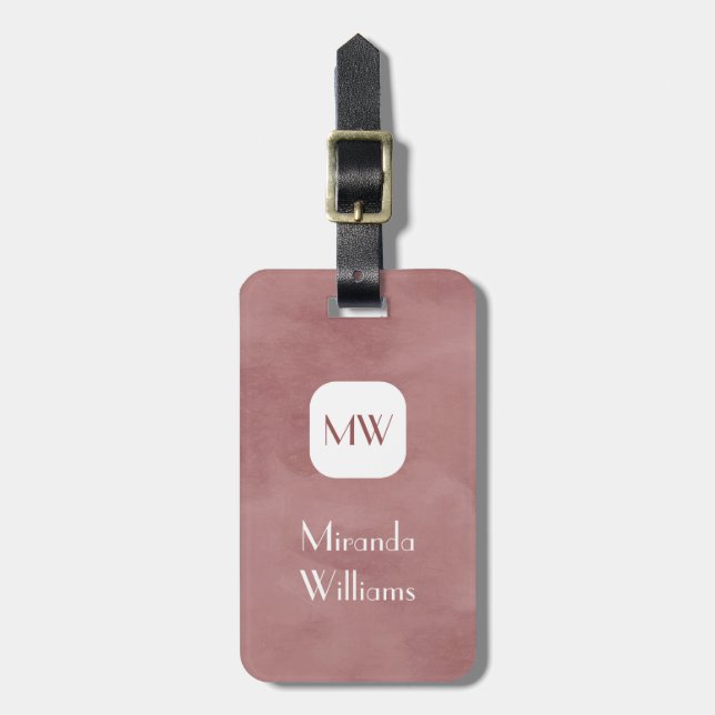 Étiquette À Bagage Simple et Chic Monogramme Brun Rosé Avec Nom (Devant Vertical)