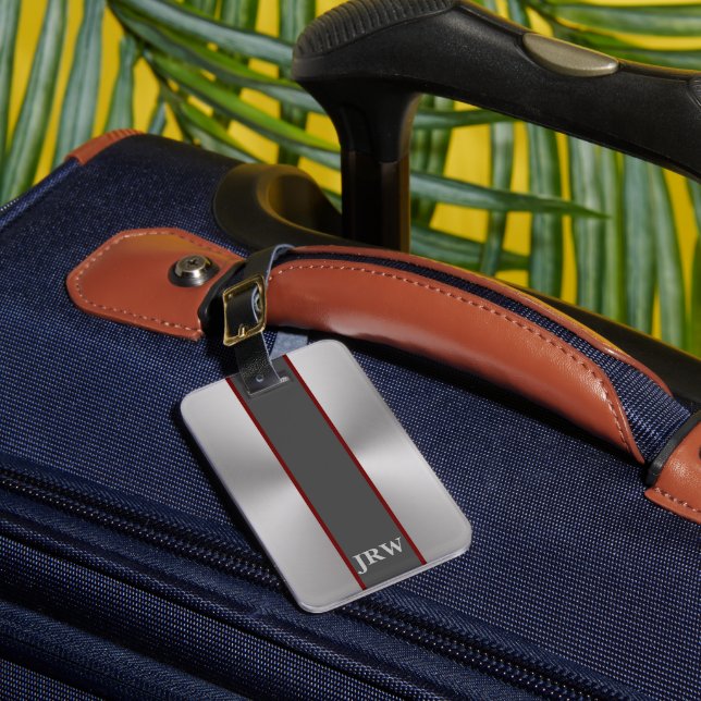Étiquette À Bagage Simple Grey and Silver Look Coordonnées Monogramme (Insitu Rectoal 1)