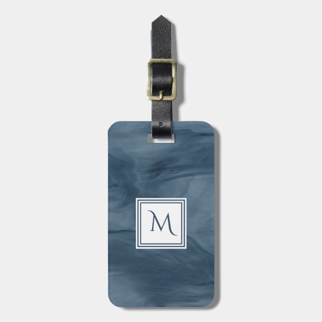 Étiquette À Bagage Simple Marine Bleu Marbre subtil Monogramme modern (Devant Vertical)