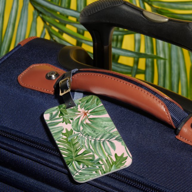 Étiquette À Bagage Simple moderne Pink Palm Leaf Tropical Floral (Insitu Rectoal 1)