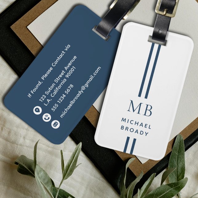 Étiquette À Bagage Simple Monogramme Masculin Bleu Foncé et Blanc (Créateur téléchargé)
