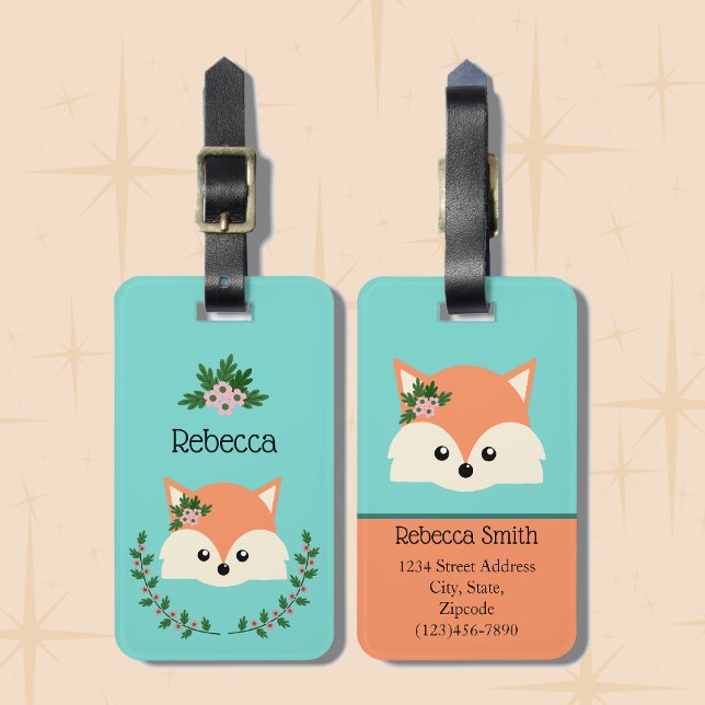 Étiquette À Bagage Simple Renard Personnalisé  (Cute Adorable Personalized Cartoon Fox Luggage Tags.)